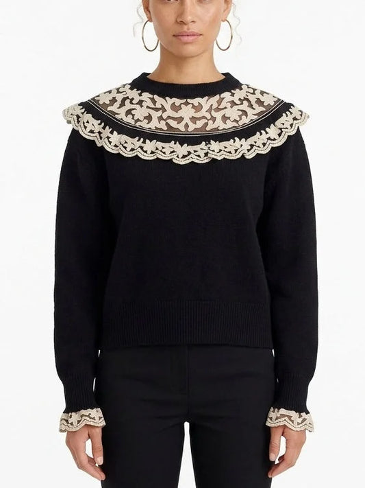 Embroidered Scalloped Collar Knit Sweater - Small - Sweaters & Knitwear