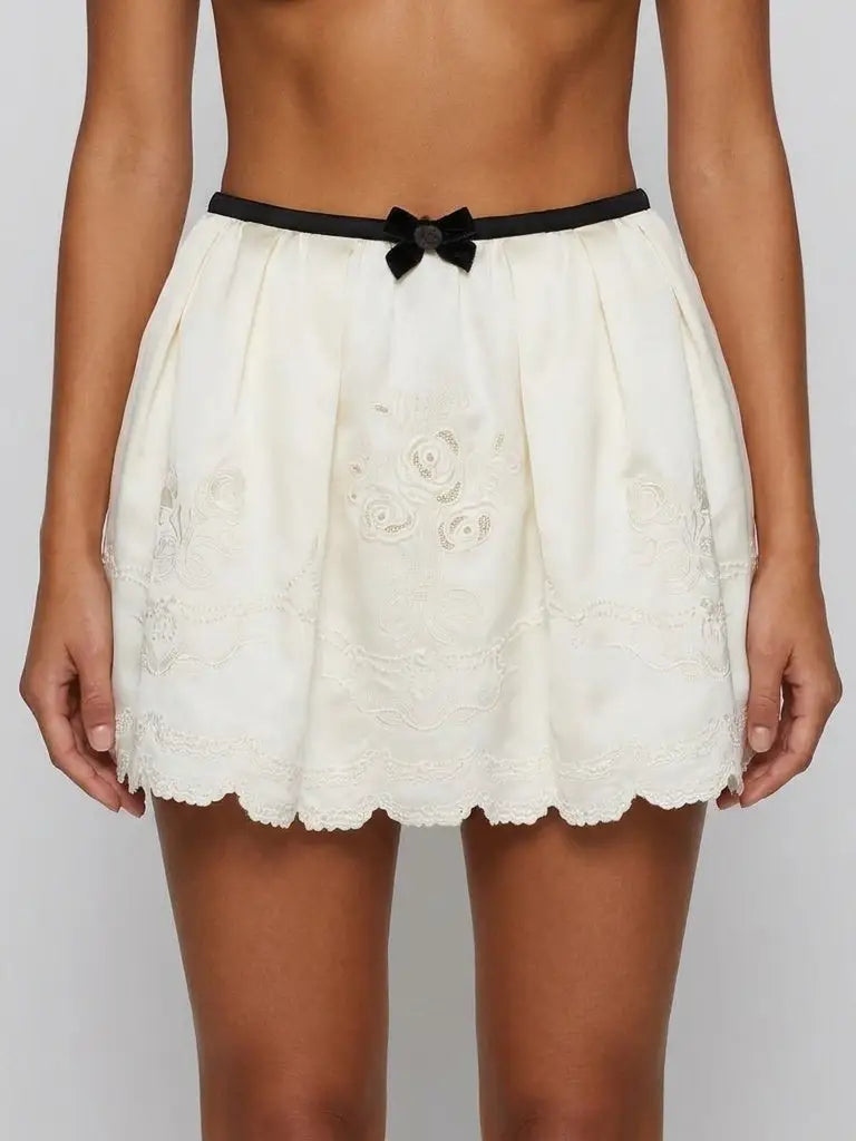Embroidered Scalloped Mini Skirt with Ribbon Bow - Small - Skirts