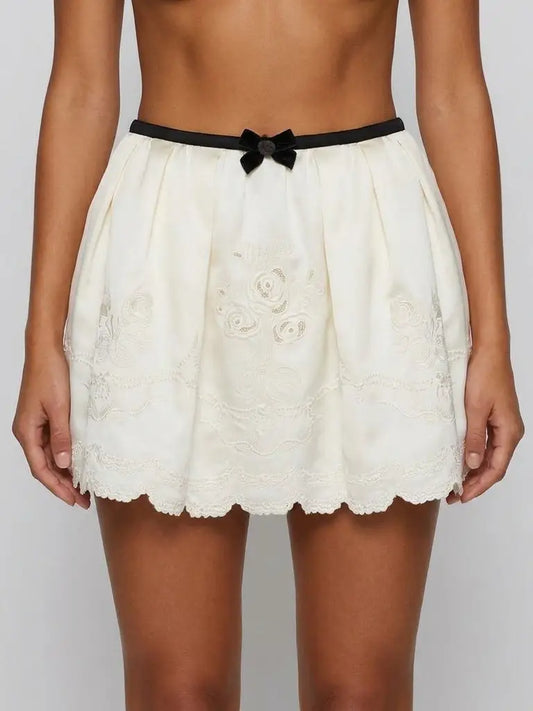 Embroidered Scalloped Mini Skirt with Ribbon Bow - Small - Skirts