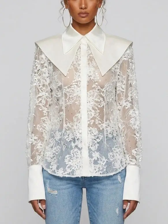 Embroidered Sequin Mesh Blouse with Satin Collar - S / White - Tops