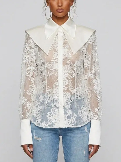 Embroidered Sequin Mesh Blouse with Satin Collar - S / White - Tops