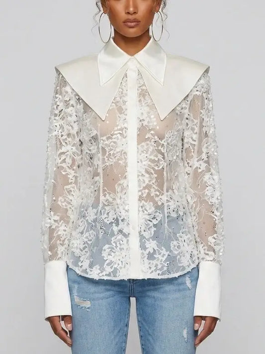 Embroidered Sequin Mesh Blouse with Satin Collar - S / White - Tops