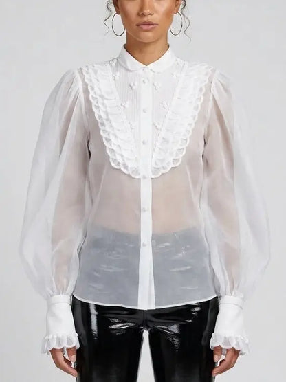 Embroidered Silk Organza Puff-Sleeve Blouse - Small - Tops