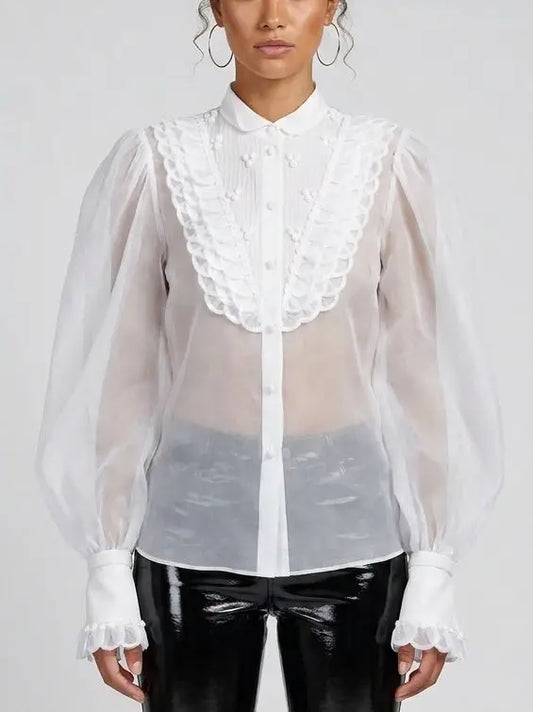 Embroidered Silk Organza Puff-Sleeve Blouse - Small - Tops