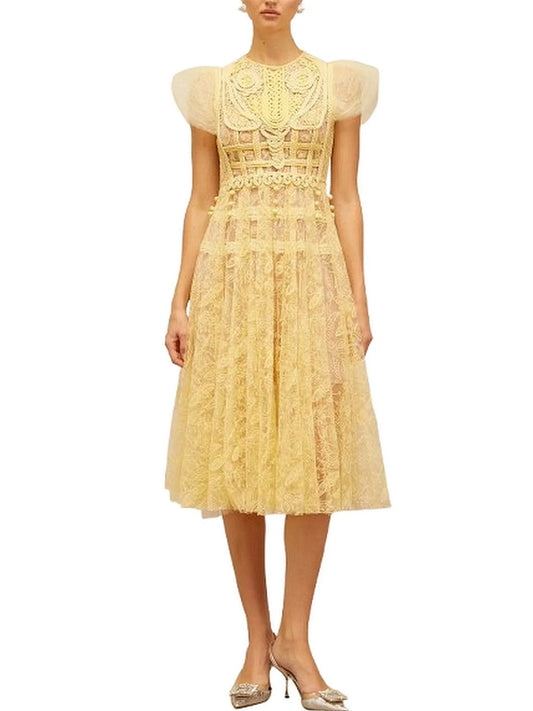 Embroidered Yellow Lace Fit and Flare Midi Dress - S - Dresses