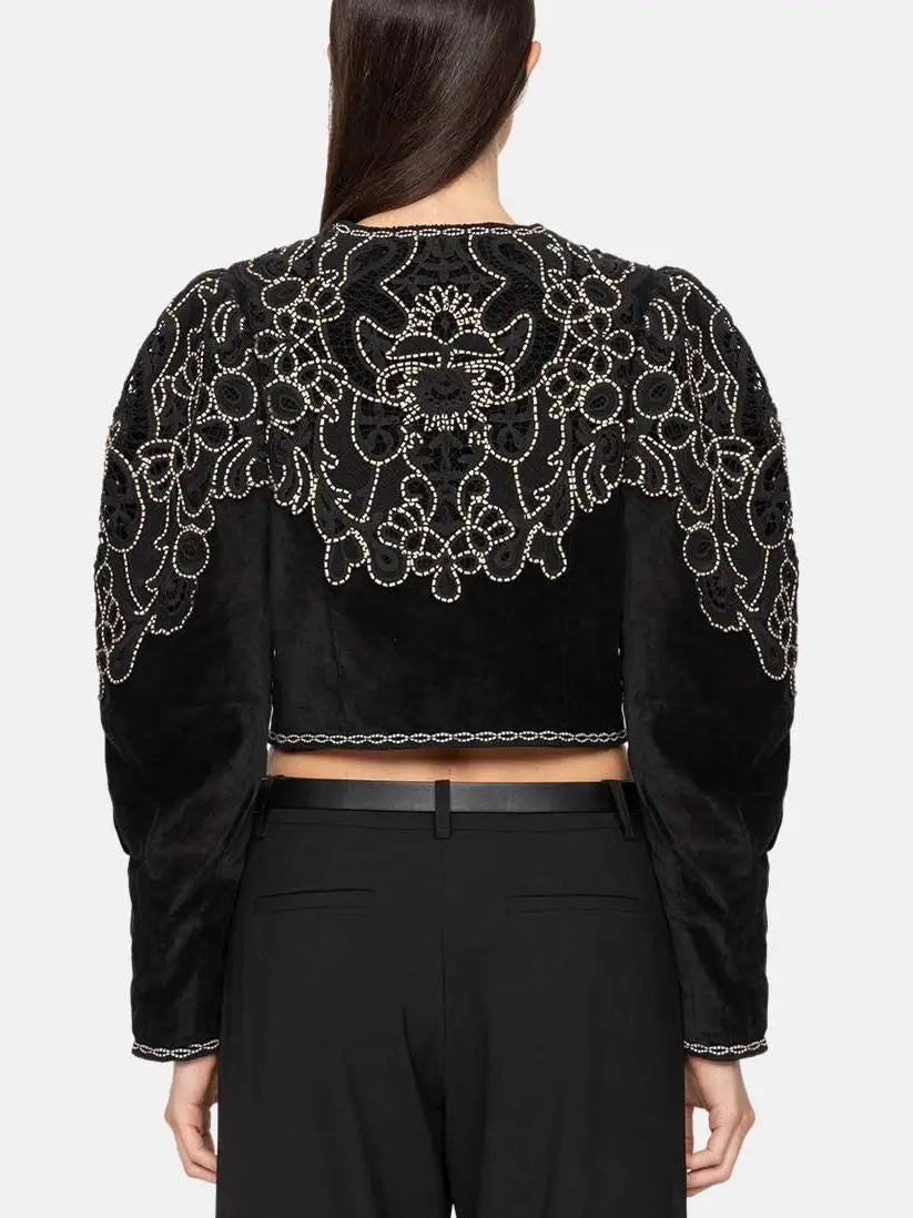 Embroidered Black Velvet Cropped Jacket - Jackets