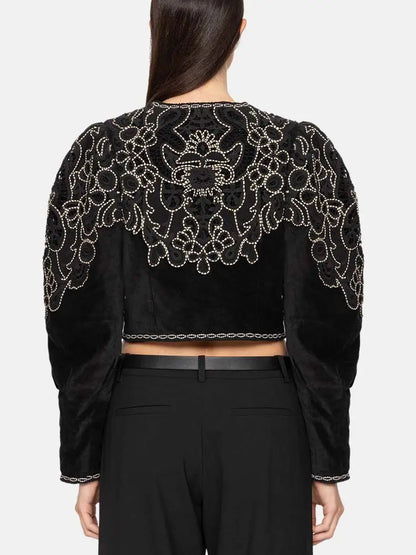Embroidered Black Velvet Cropped Jacket - Jackets