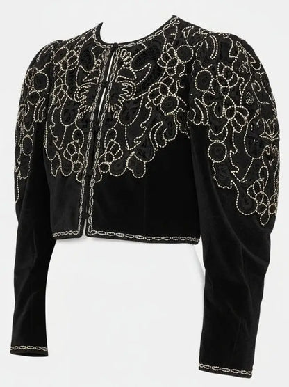 Embroidered Black Velvet Cropped Jacket - Jackets