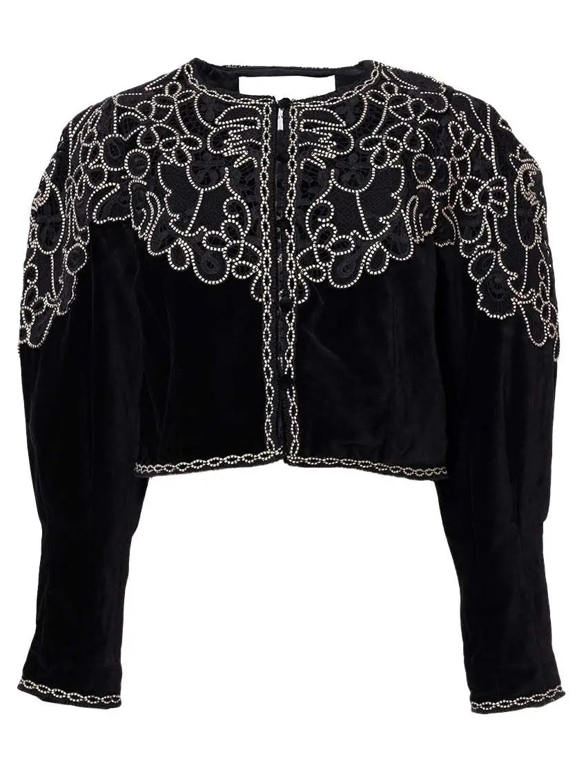 Embroidered Black Velvet Cropped Jacket - Jackets