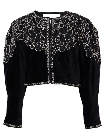 Embroidered Black Velvet Cropped Jacket - Jackets