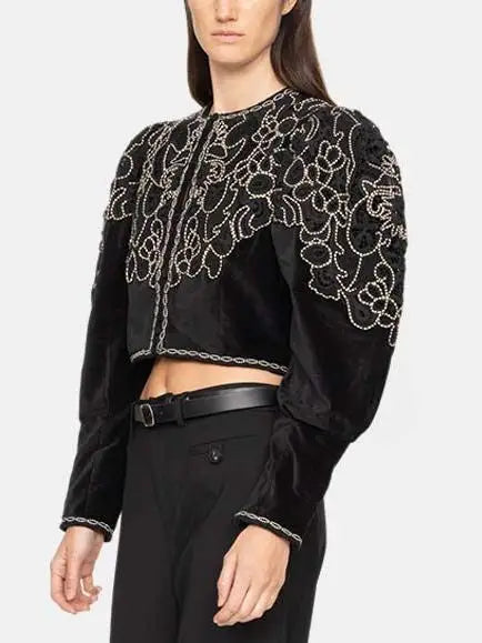 Embroidered Black Velvet Cropped Jacket - Jackets
