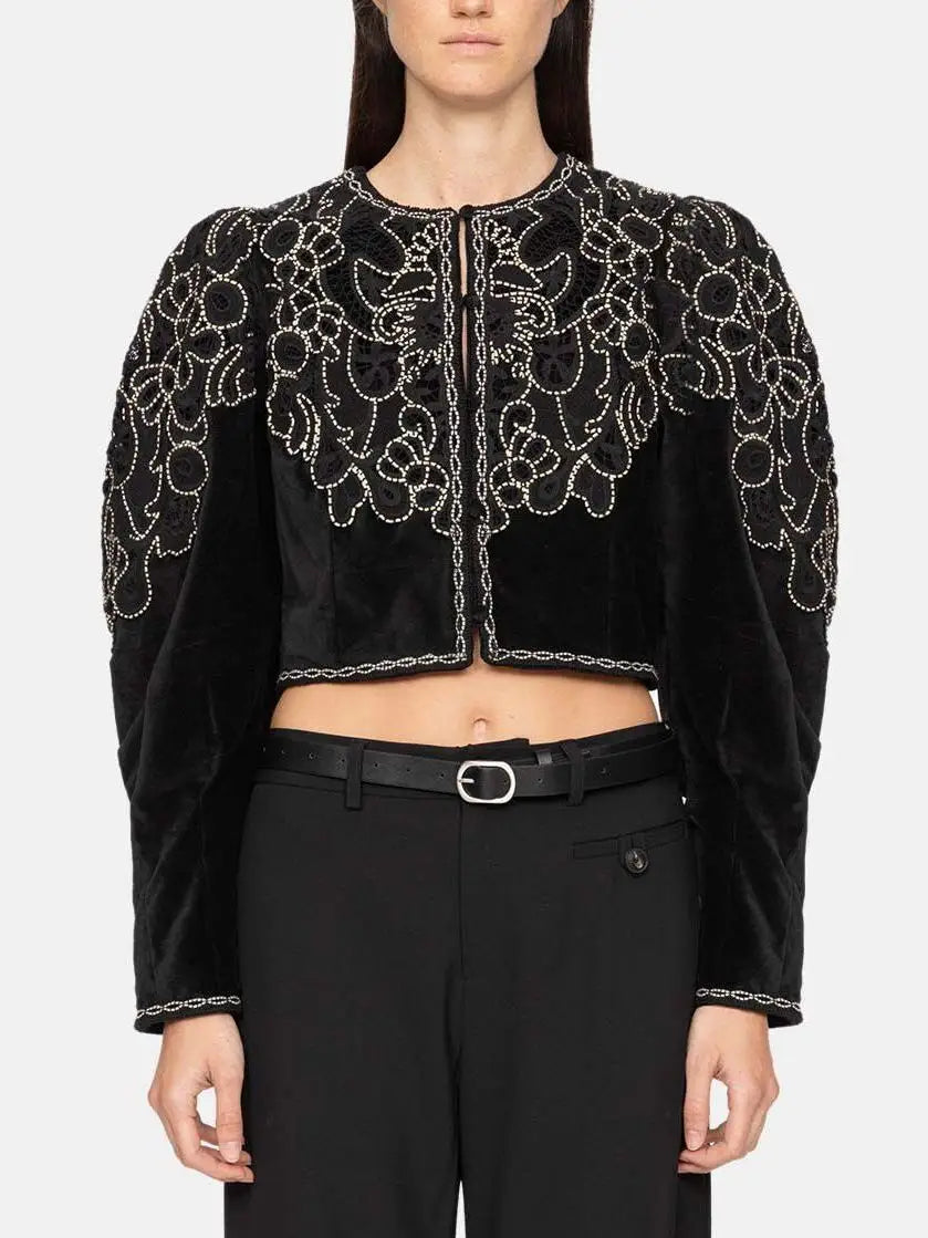 Embroidered Black Velvet Cropped Jacket - Jackets
