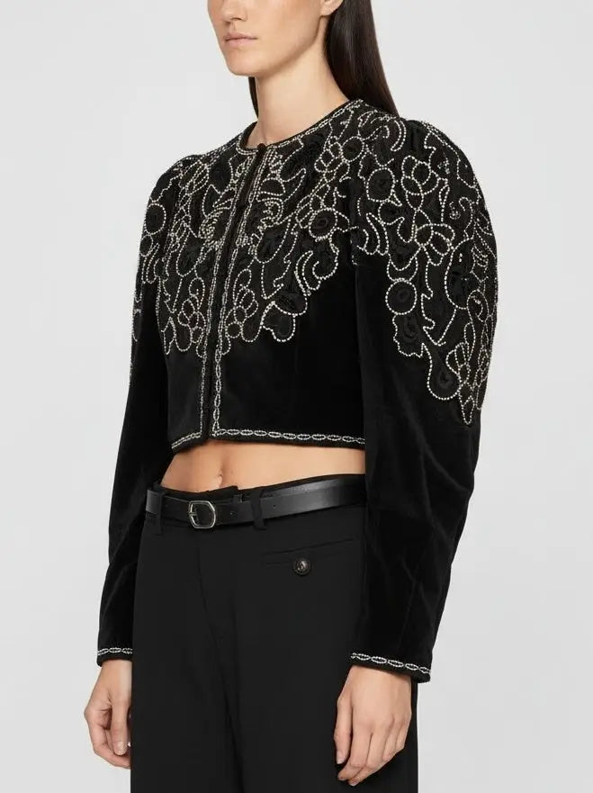 Embroidered Black Velvet Cropped Jacket - Jackets