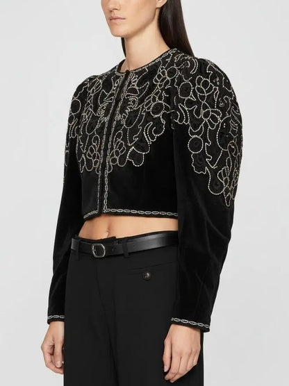 Embroidered Black Velvet Cropped Jacket - Jackets