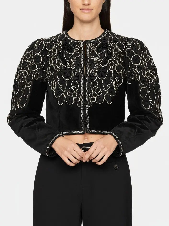 Embroidered Black Velvet Cropped Jacket - Jackets
