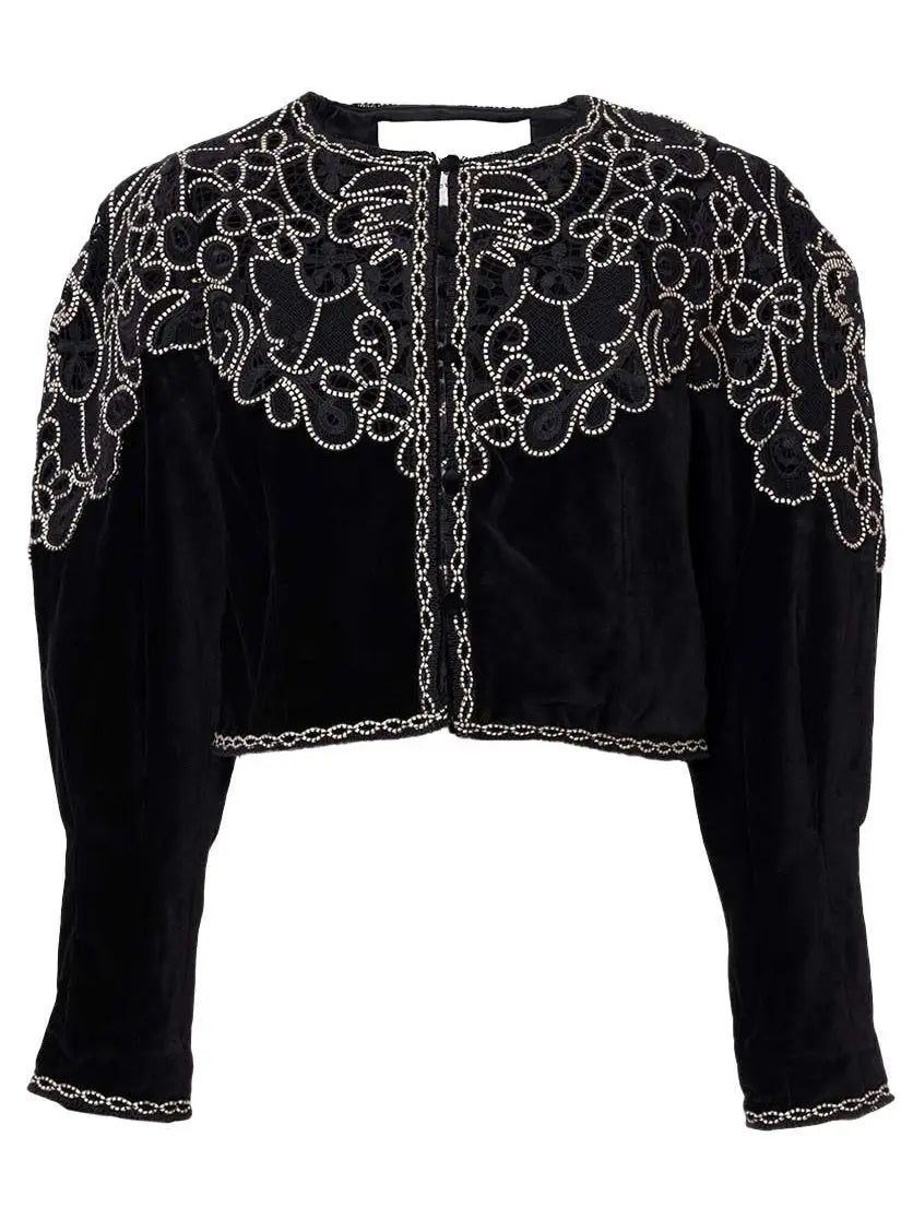 Embroidered Black Velvet Cropped Jacket - Jackets