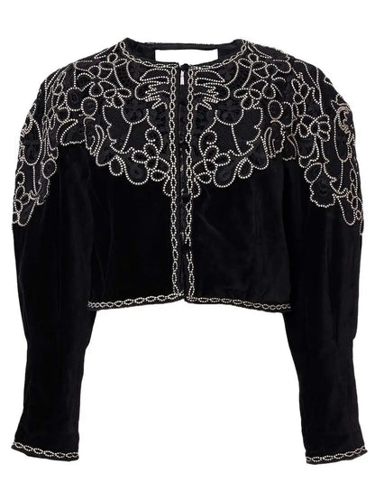 Embroidered Black Velvet Cropped Jacket - Jackets