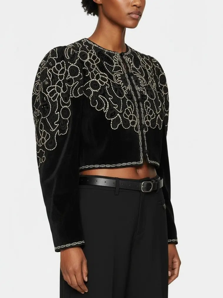Embroidered Black Velvet Cropped Jacket - Jackets