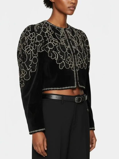 Embroidered Black Velvet Cropped Jacket - Jackets