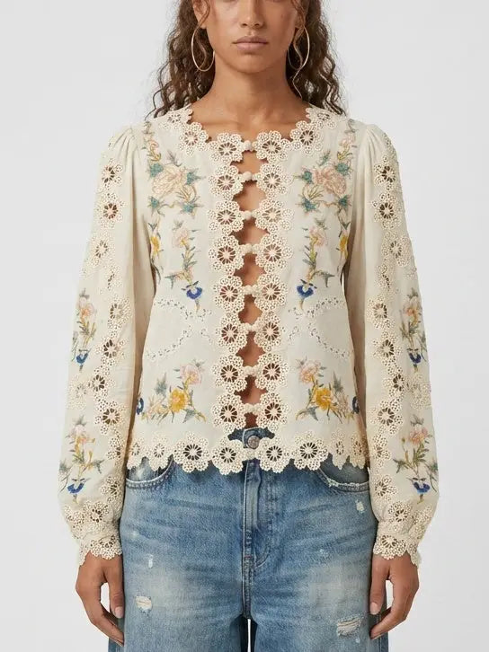 Embroidered Blouse with Puff Sleeves and Cutout Details - Tops