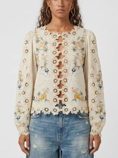 Embroidered Blouse with Puff Sleeves and Cutout Details - Tops