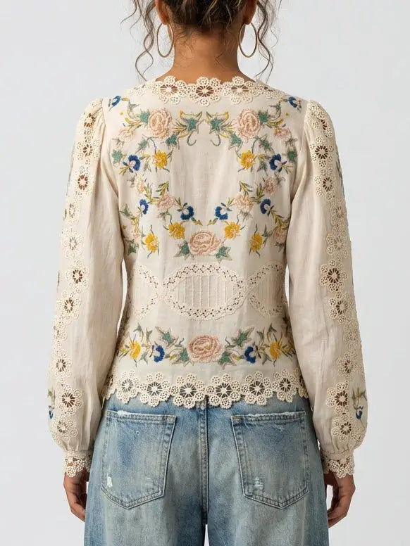Embroidered Blouse with Puff Sleeves and Cutout Details - Tops