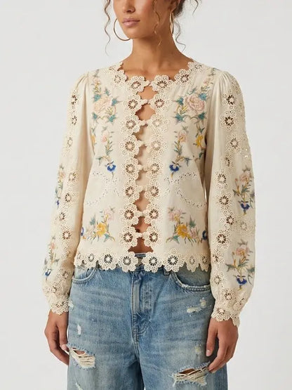 Embroidered Blouse with Puff Sleeves and Cutout Details - Tops