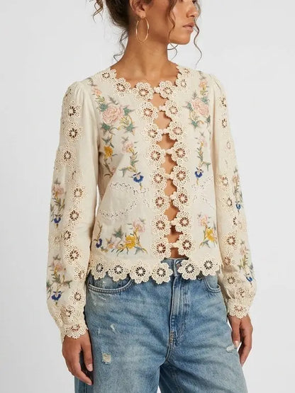 Embroidered Blouse with Puff Sleeves and Cutout Details - Tops