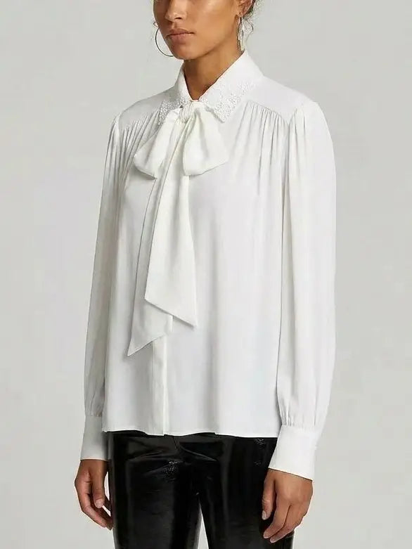 Embroidered Collar Tie-Neck Pleated White Blouse - Tops
