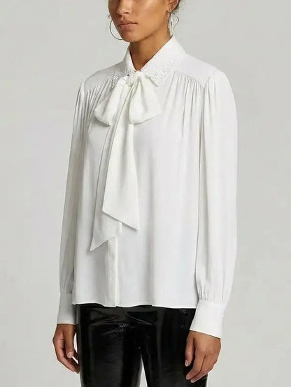 Embroidered Collar Tie-Neck Pleated White Blouse - Tops