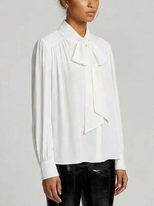 Embroidered Collar Tie-Neck Pleated White Blouse - Tops