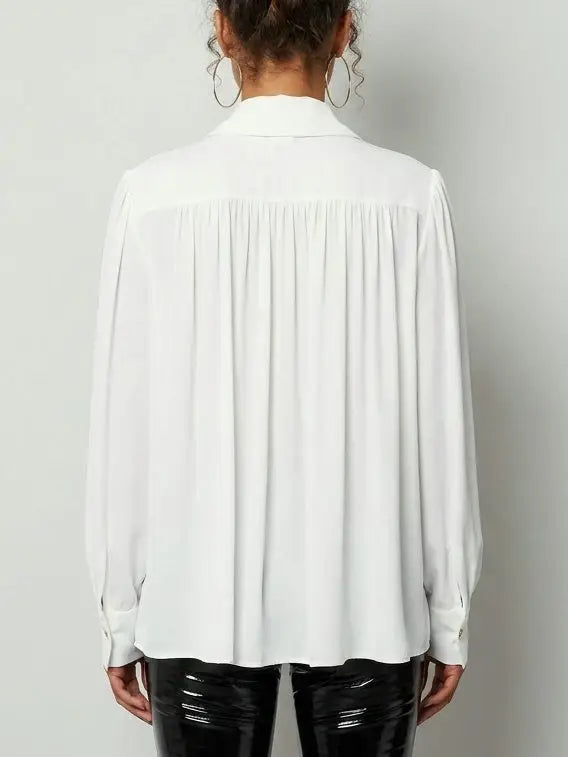 Embroidered Collar Tie-Neck Pleated White Blouse - Tops