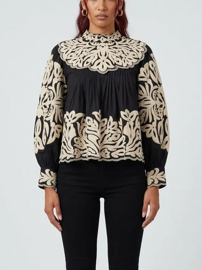 Embroidered Cotton Balloon Sleeve Blouse with Pleats - Tops