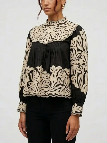 Embroidered Cotton Balloon Sleeve Blouse with Pleats - Tops