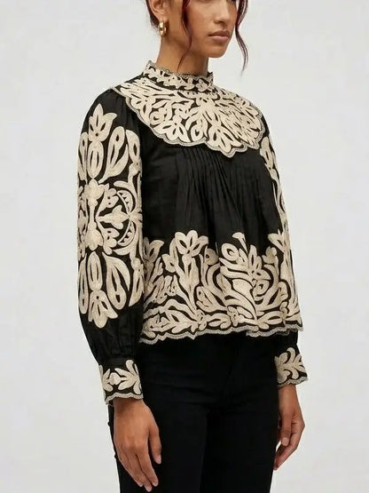 Embroidered Cotton Balloon Sleeve Blouse with Pleats - Tops