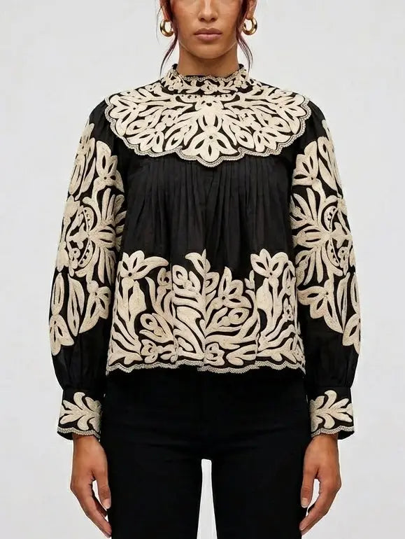 Embroidered Cotton Balloon Sleeve Blouse with Pleats - Tops