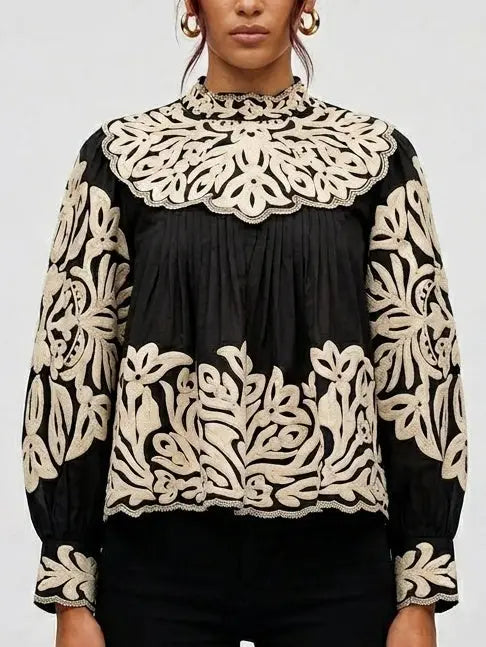 Embroidered Cotton Balloon Sleeve Blouse with Pleats - Tops