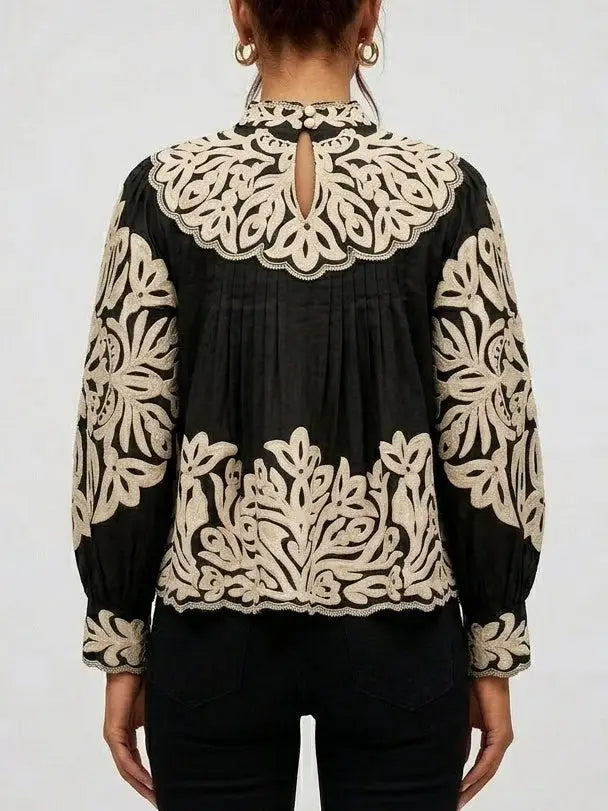 Embroidered Cotton Balloon Sleeve Blouse with Pleats - Tops