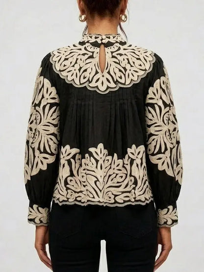 Embroidered Cotton Balloon Sleeve Blouse with Pleats - Tops