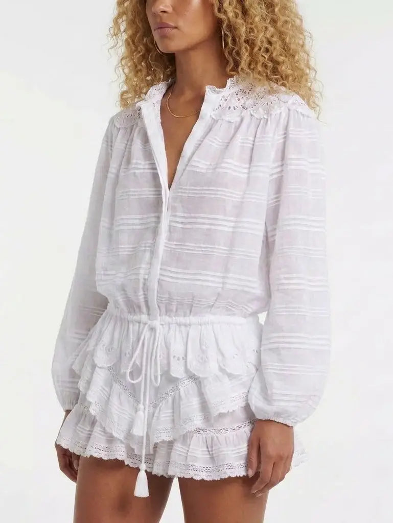 Embroidered Cotton Blouse and Drawstring Skort Set - Suits & Sets