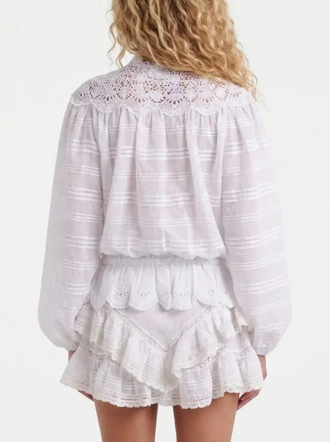 Embroidered Cotton Blouse and Drawstring Skort Set - Suits & Sets