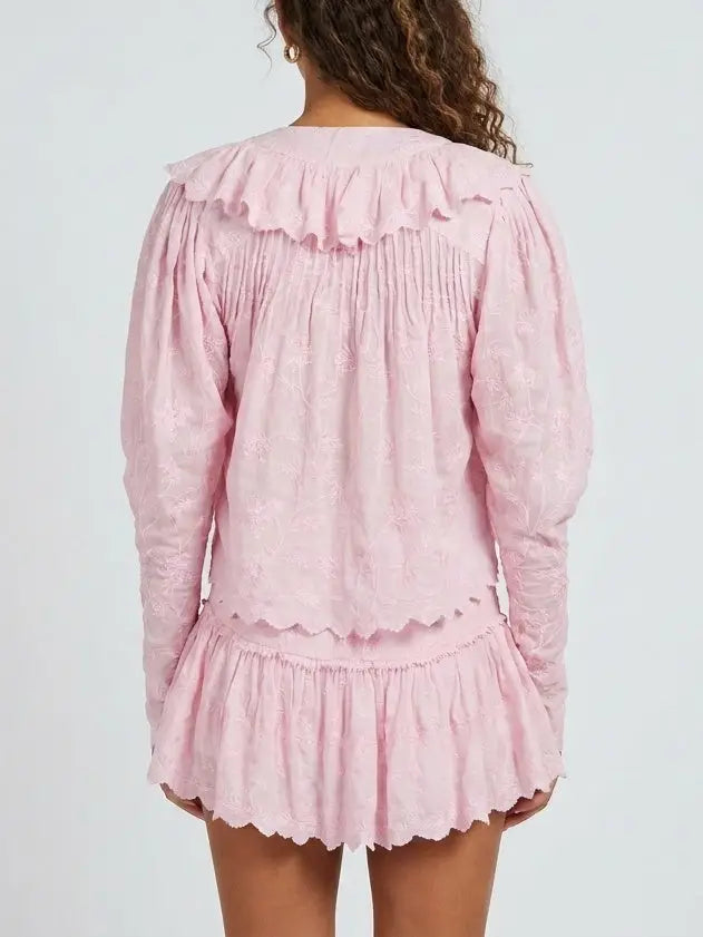 Embroidered Cotton Blouse and Ruffle Skort Set - Suits & Sets