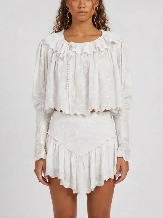 Embroidered Cotton Blouse and Ruffle Skort Set - Small / White - Suits & Sets
