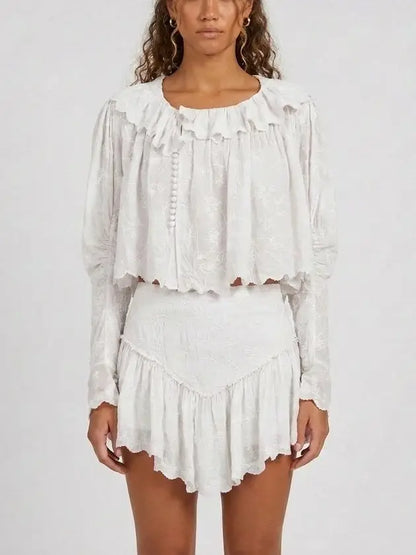 Embroidered Cotton Blouse and Ruffle Skort Set - Small / White - Suits & Sets