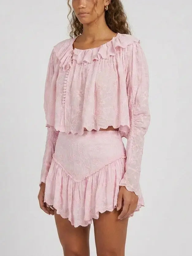 Embroidered Cotton Blouse and Ruffle Skort Set - Suits & Sets