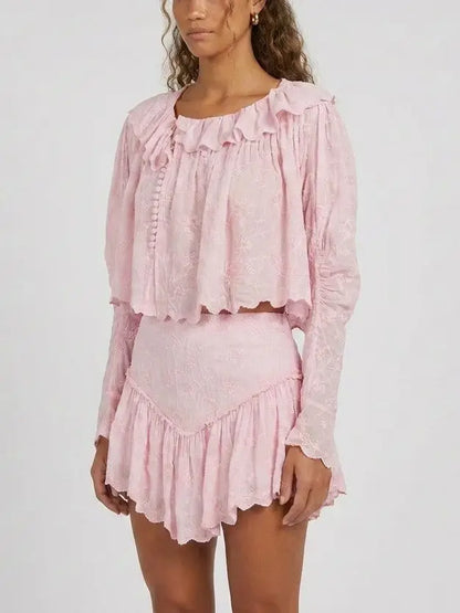 Embroidered Cotton Blouse and Ruffle Skort Set - Suits & Sets