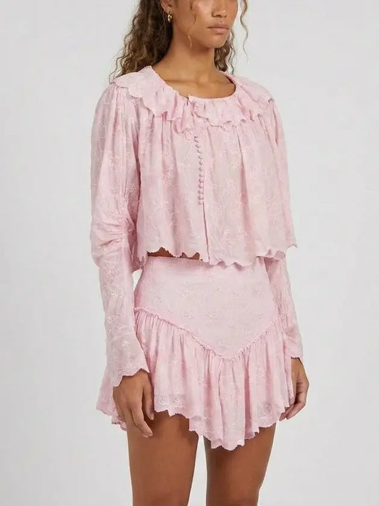 Embroidered Cotton Blouse and Ruffle Skort Set - Suits & Sets