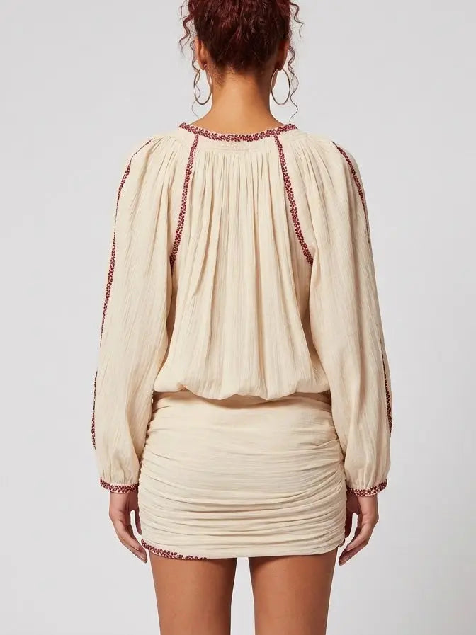 Embroidered Cotton Boho Tunic-Style Mini Dress - Dresses