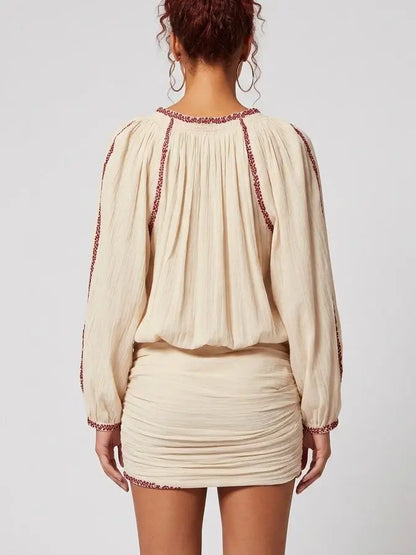 Embroidered Cotton Boho Tunic-Style Mini Dress - Dresses