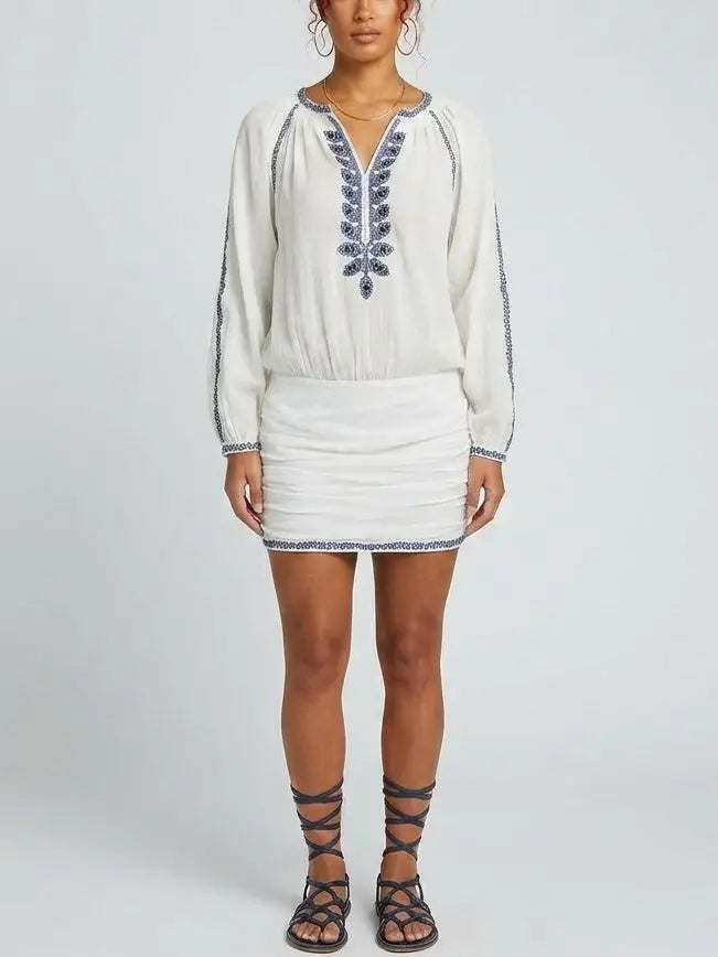 Embroidered Cotton Boho Tunic-Style Mini Dress - Dresses